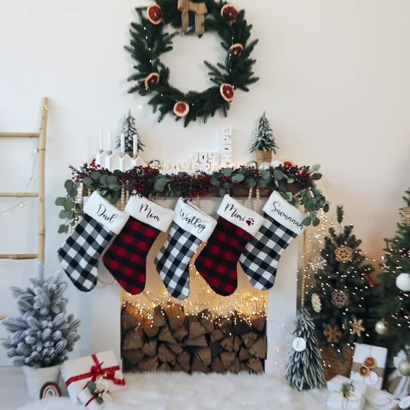 Personalized Christmas Stockings Buffalo Plaid Fur Holiday Stocking - Other - Linen 