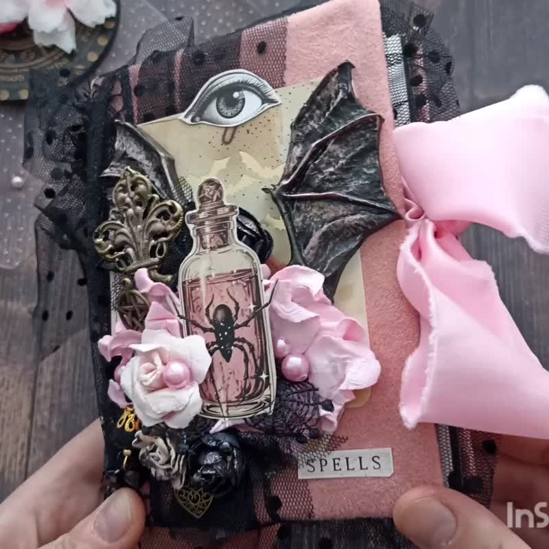 Dark Gothic witch  junk journal handmade Black Lace pink grimoire notebook - 筆記本/手帳 - 紙 粉紅色