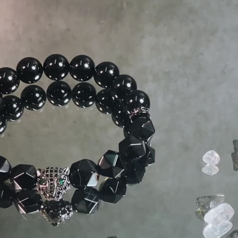 【Lyon】Black Panther // Men's Crystal Bracelet || Black Obsidian, Black Agate - สร้อยข้อมือ - คริสตัล สีดำ