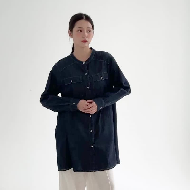 【Simply Yours】水洗牛仔長版上衣 深藍F - 洋裝/連身裙 - 棉．麻 藍色