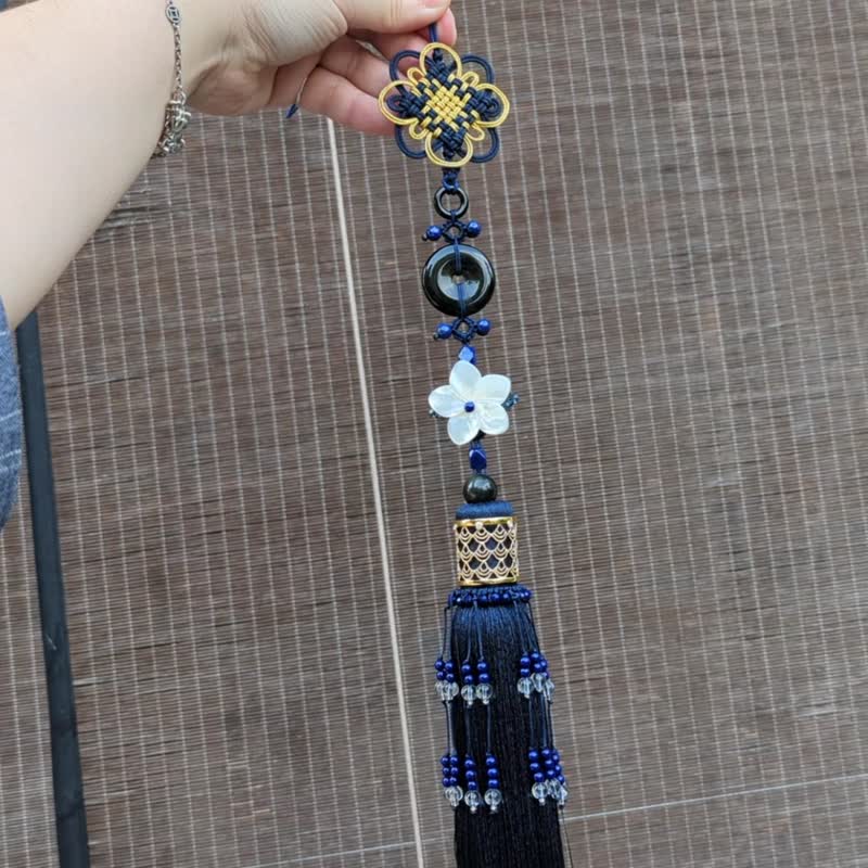 Zootee pig's trotter handmade Hanfu forbidden step waist pendant extended bold tassel black agate lapis lazuli obsidian - Charms - Semi-Precious Stones Blue