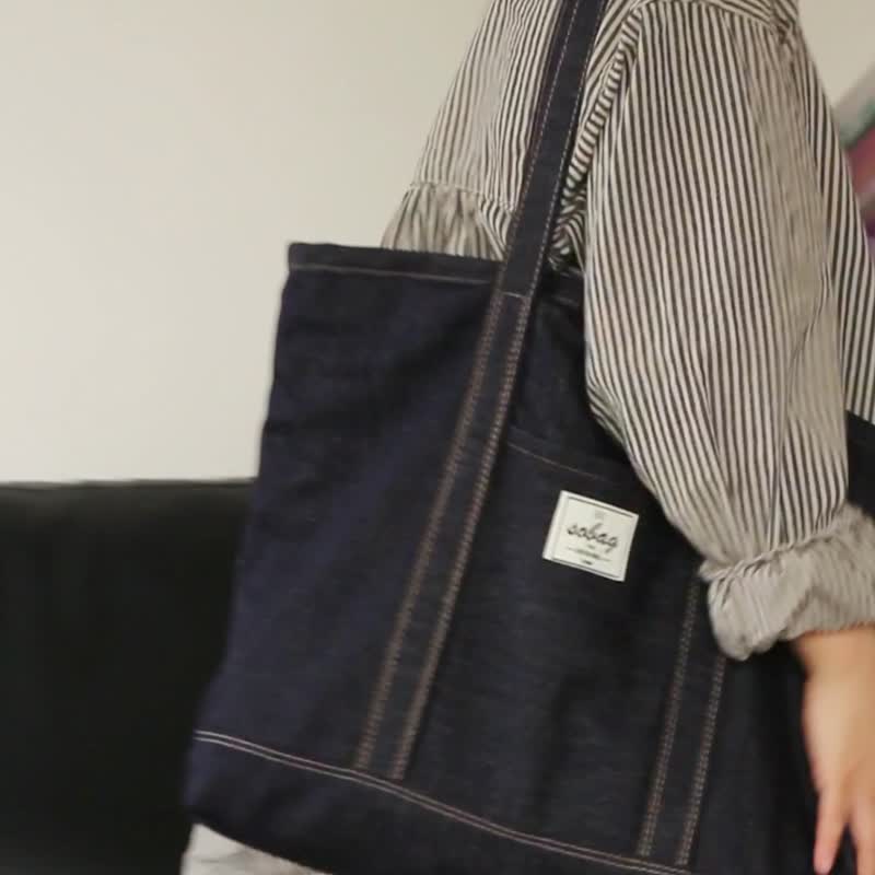 sobag Japanese casual large-capacity canvas shoulder bag women's non-fading denim neutral commuter tote large bag - กระเป๋าแมสเซนเจอร์ - ผ้าฝ้าย/ผ้าลินิน สีน้ำเงิน