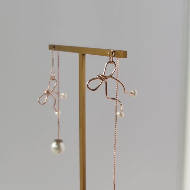 SV925 Rose Gold RIBBON 2 Way Pearl & Ribbon Threader Earrings