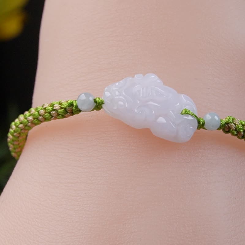 【招財神獸】白翡翡翠貔貅編織手鍊 | 天然緬甸玉翡翠A貨 | 送禮 - 手鍊/手環 - 玉石 白色