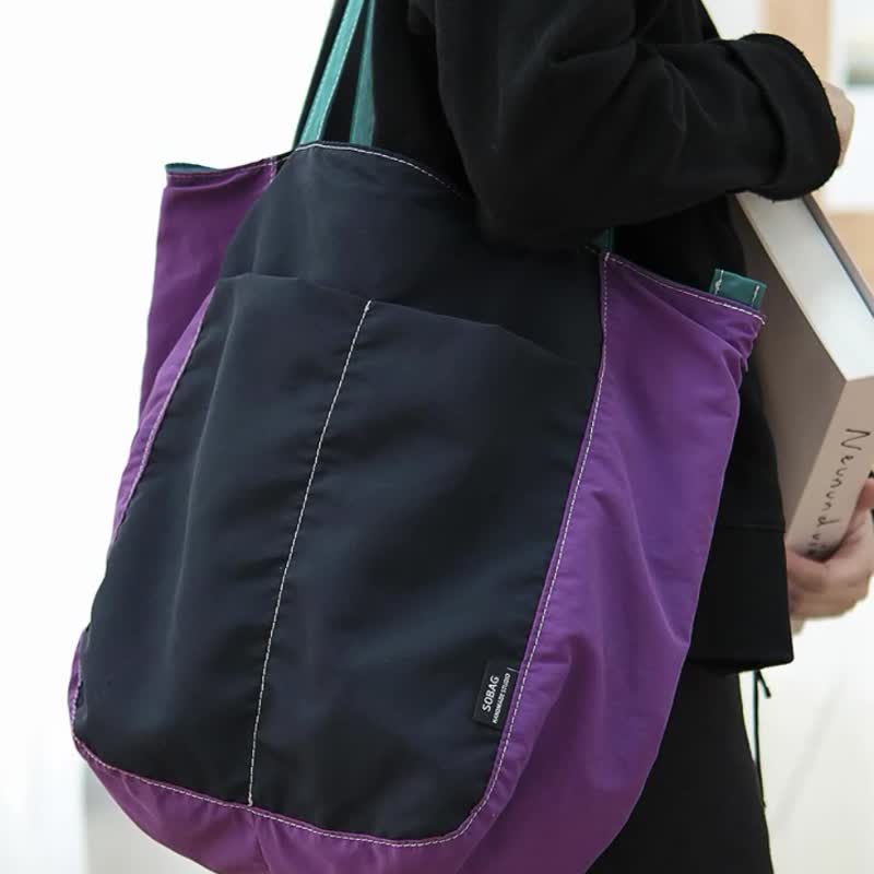 sobag日系紫色防水尼龍拉鍊單肩布包女休閒撞色大容量通勤托特包 - 側背包/斜背包 - 尼龍 紫色