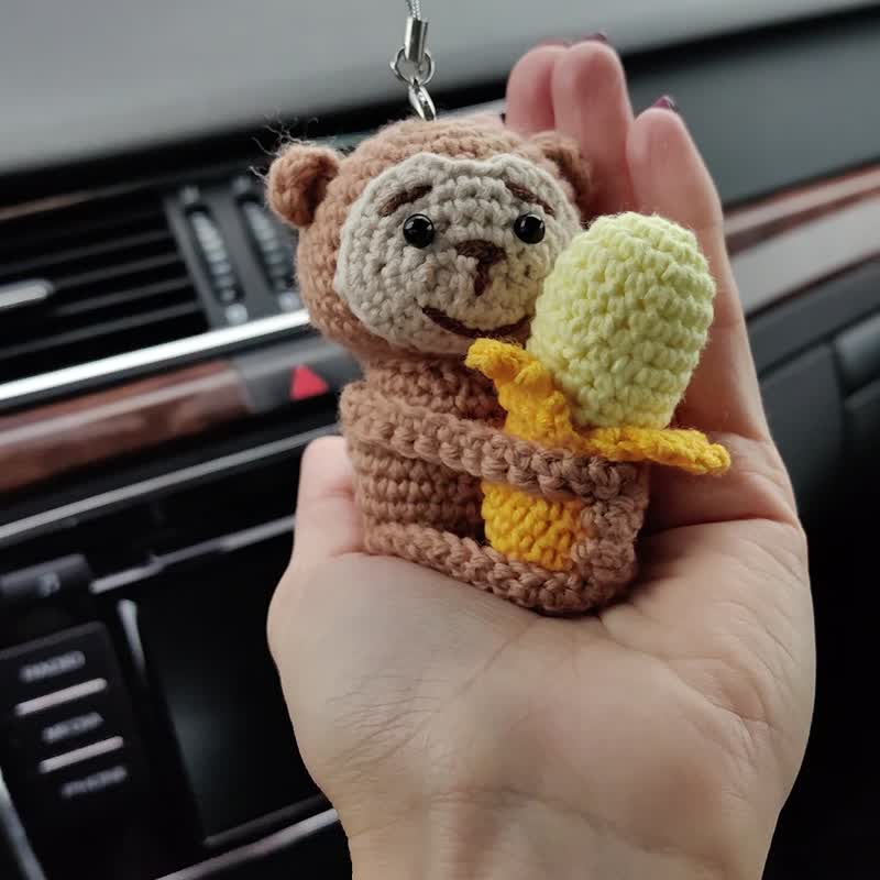 Beige Monkey keychain, car ornament, monkey car accessories, 包包掛飾 - Keychains - Other Materials Gold