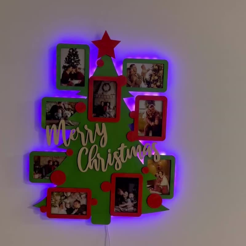 Custom Christmas picture frame collage with LED lights Merry Christmas frame - 壁貼/牆壁裝飾 - 木頭 綠色