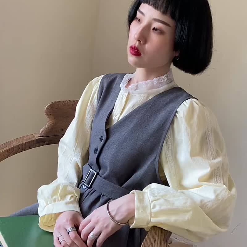 高級灰色 法式慵懶背心式無袖洋裝 西裝質料 V領高腰腰帶連身裙 - 洋裝/連身裙 - 其他人造纖維 灰色