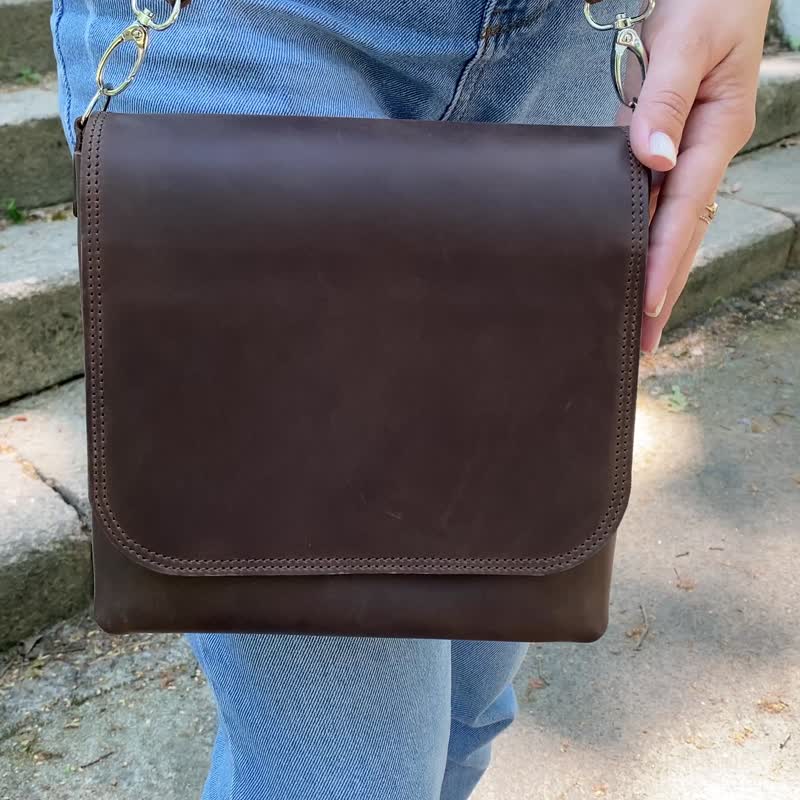 Casual Messenger Bag / Shoulder Leather Brown Crossbody Bag / Big Leather Bag - Messenger Bags & Sling Bags - Genuine Leather Brown
