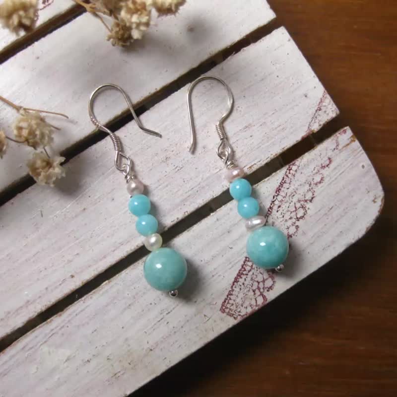 純銀設計耳環 珍珠+天河石+925銀(耳勾)/天空藍亮眼/ - 耳環/耳夾/耳骨夾 - 石頭 藍色