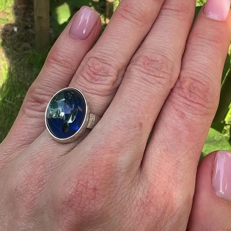 Ring with blue amber, Unique handmade ring with blue, Perfect gift for a girl - แหวนทั่วไป - เครื่องประดับพลอย สีน้ำเงิน