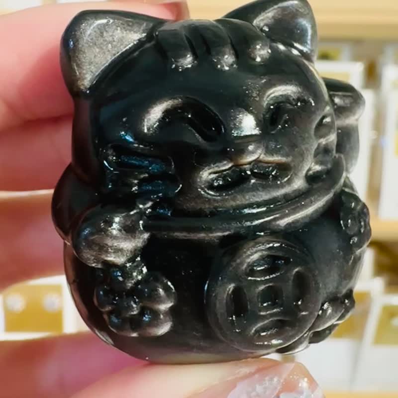 天然銀曜石招財貓貓擺件消磁盤擋煞避邪辦公室必備避職場小人 - 擺飾/家飾品 - 水晶 黑色