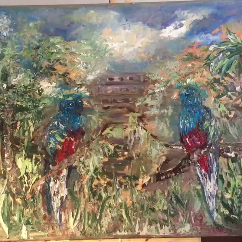 Quetzal birds with mayan pyramid oil painting - Wall Décor - Other Materials Red
