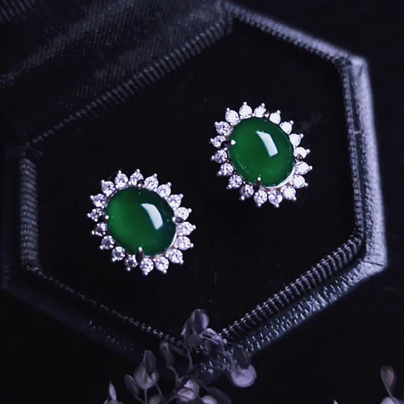 招財•健康•活力|大冰綠蛋|A貨翡翠純銀黛妃精典太陽花款耳環 - 耳環/耳夾/耳骨夾 - 玉石 