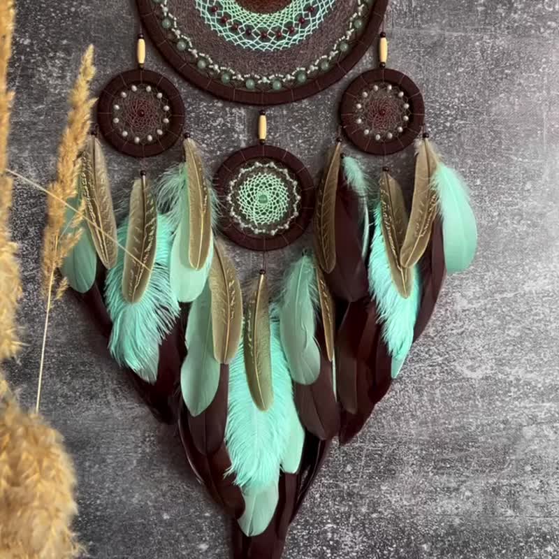 Handmade Mint, Turquoise, and Brown Dreamcatcher with Feathers – Boho Wall Decor - 壁貼/牆壁裝飾 - 繡線 咖啡色