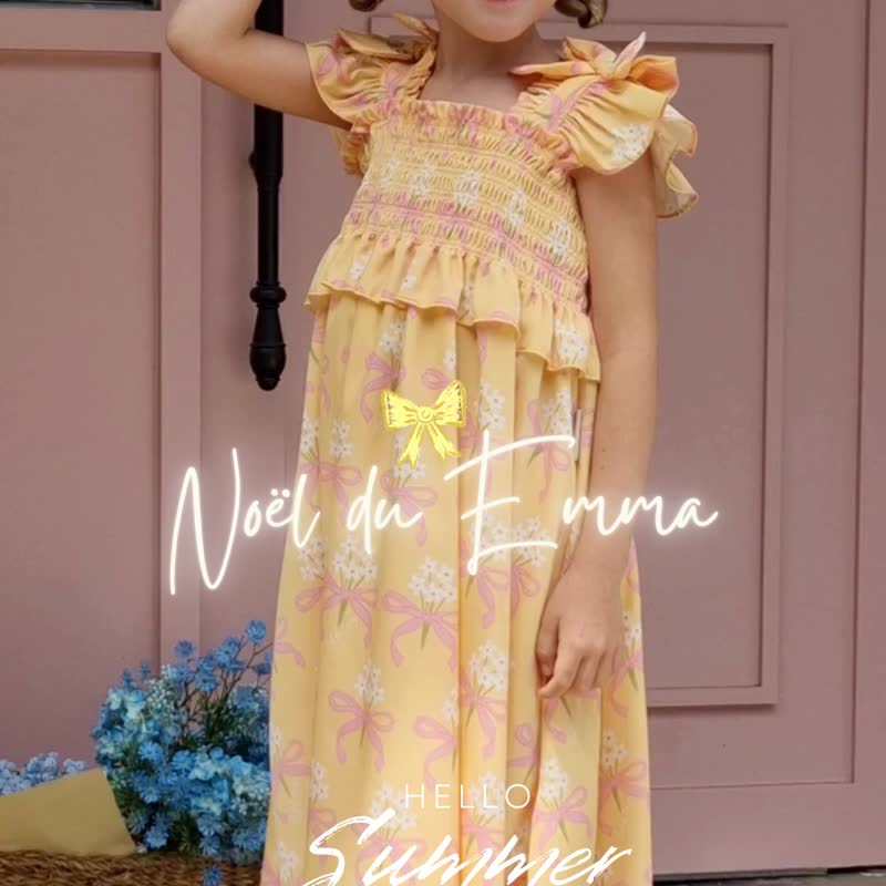 Bouquet Bow Smoked Dress - yellow - 男/女童禮服 - 其他材質 