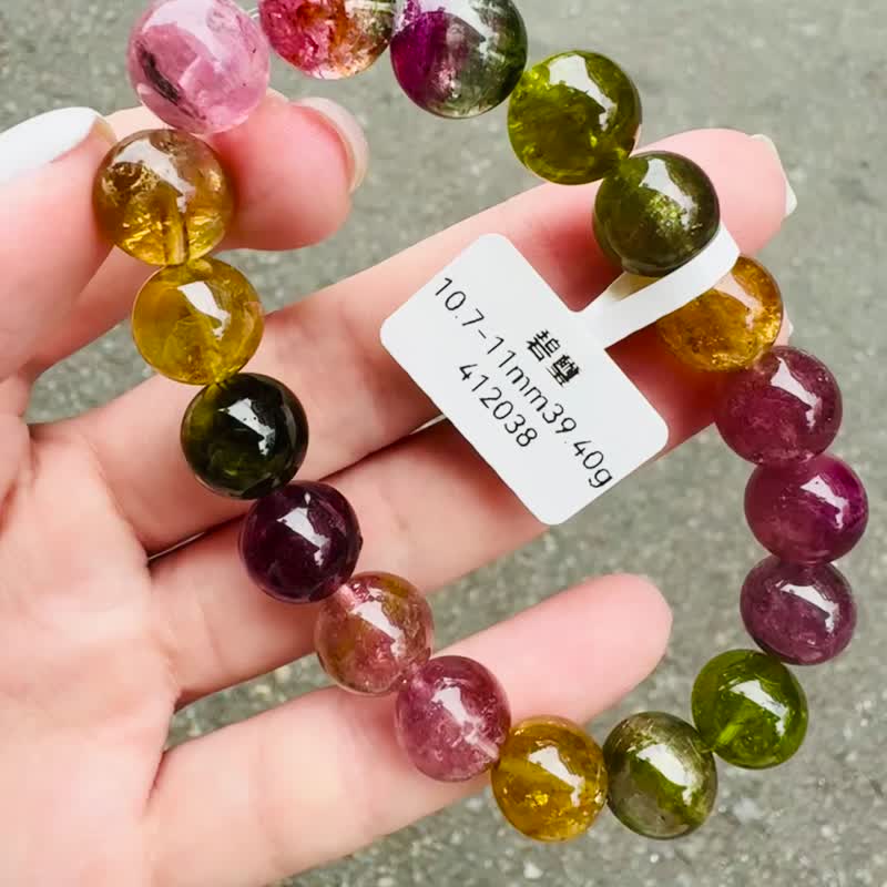 天然濃色大珠碧璽10.9-11.2mm39.40g電氣石西瓜碧璽銀灰粉酒紅 - 手鍊/手環 - 水晶 多色
