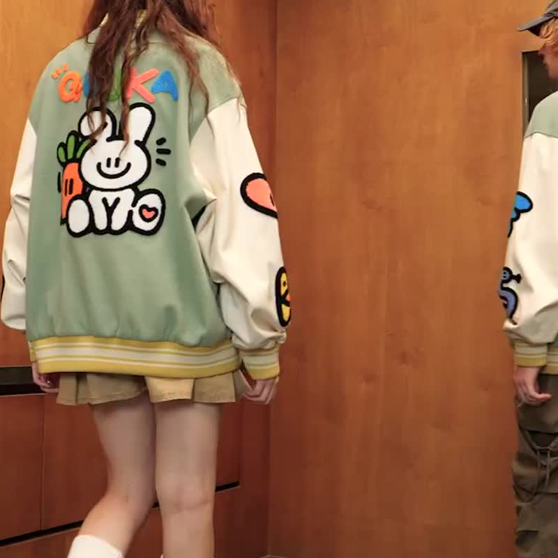 男士淺綠棒球服 情侶拼接夾克外套 - 男夾克/外套 - 聚酯纖維 綠色