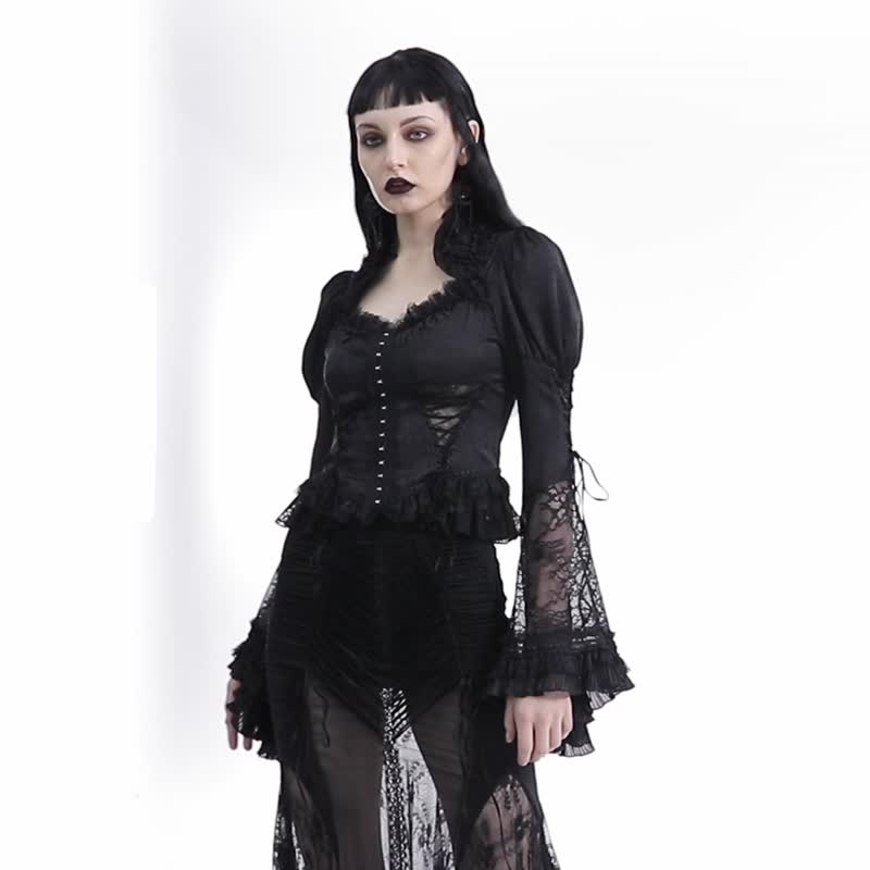 Gothic Omen Witch Lace Puff Sleeve Shirt - Women's Shirts - Other Materials Black