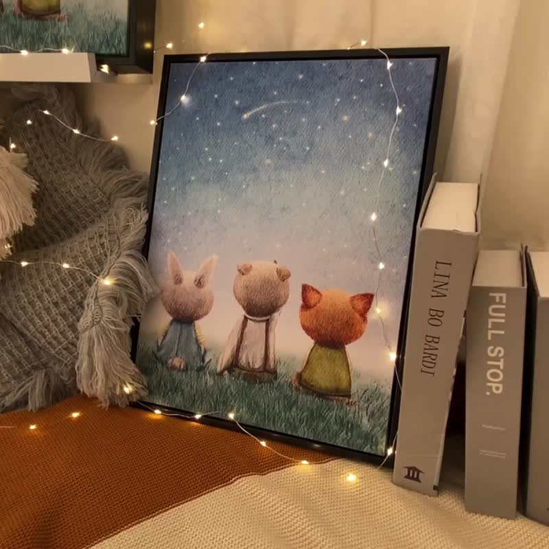 いっしょに願い事をする（ストレート） - かわいい手描きの動物イラスト 掛け絵・子供部屋飾り - ポスター・絵 - コットン・麻 ブルー