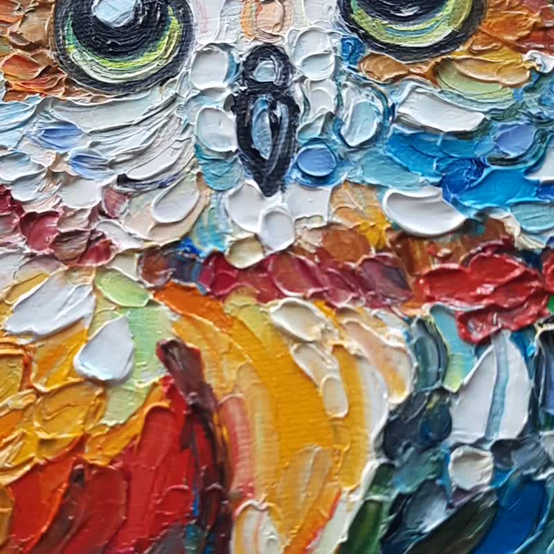 P10「鳥渡る」 油絵 絵画 フクロウアート鳥カラフル オリジナルアート 油絵 段ボールに