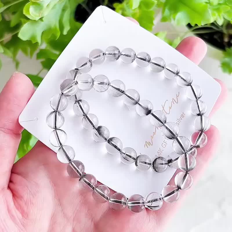 水透體黑銀鈦手串 顆顆淨亮 金屬光髮絲 清除負能量首選 - 手鍊/手環 - 水晶 黑色