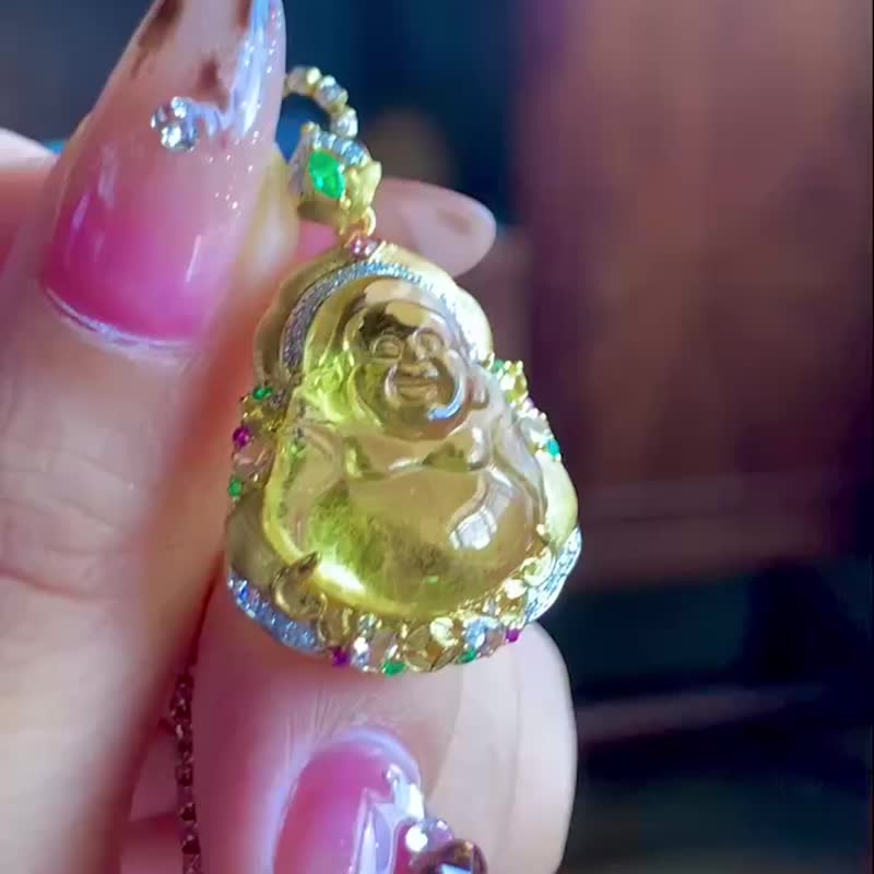 頂尖醇正金絲雀碧璽佛牌 18k金完美鑲嵌 雕工傳神精湛 - 吊飾/掛飾 - 寶石 