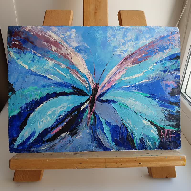 青い蝶の絵美しい昆虫蛾の羽オリジナル アート トロピカル モグラ