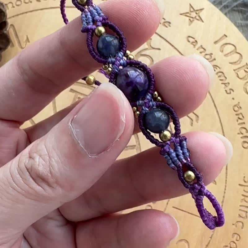 BB27 ethnic style Wax thread braided purple dragon crystal cordierite Bronze bead bracelet (adjustable length) - สร้อยข้อมือ - เครื่องเพชรพลอย สีม่วง