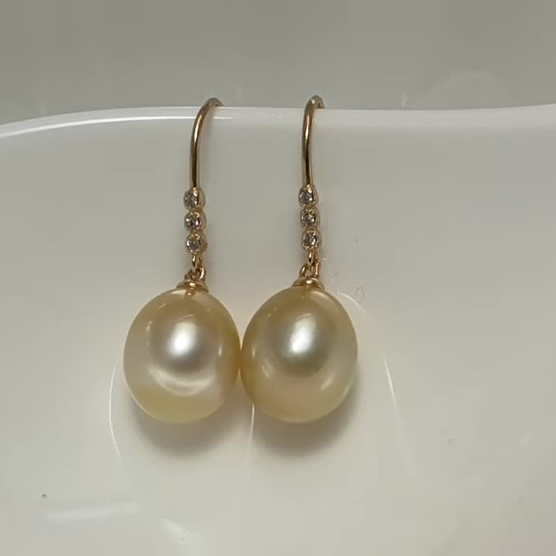 天然海水珍珠 香檳金 南洋金珠  純銀 耳環 - 耳環/耳夾 - 珍珠 金色