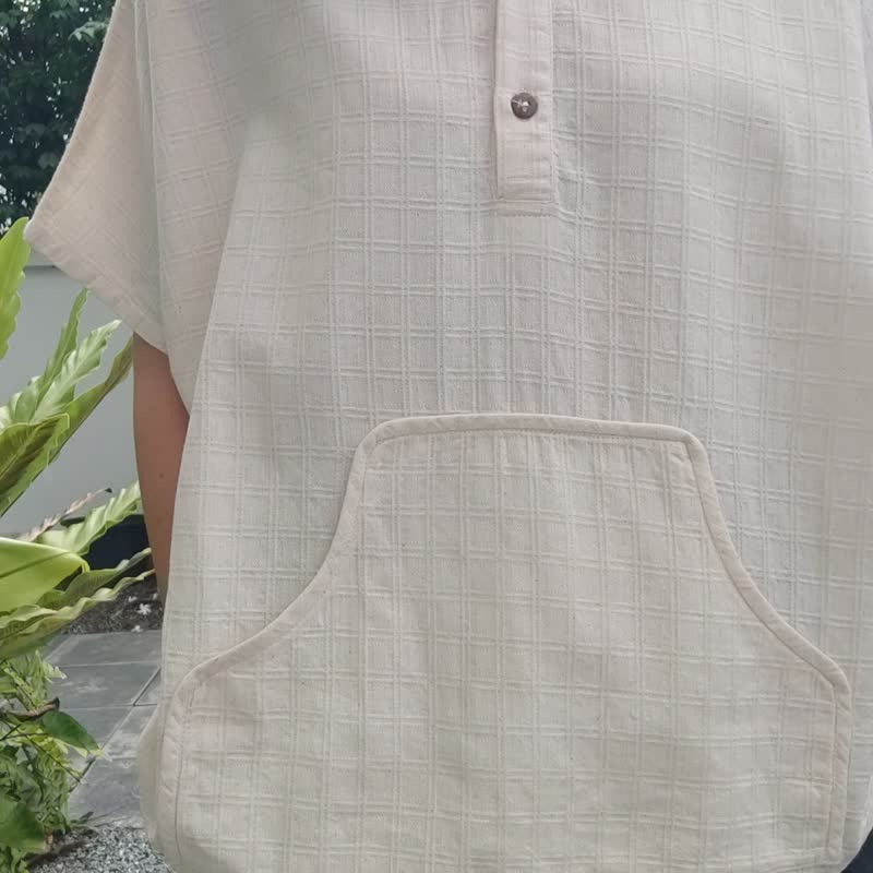 Pocket Beige -  木紐扣襯衫領上衣 - 女上衣/長袖上衣 - 棉．麻 白色