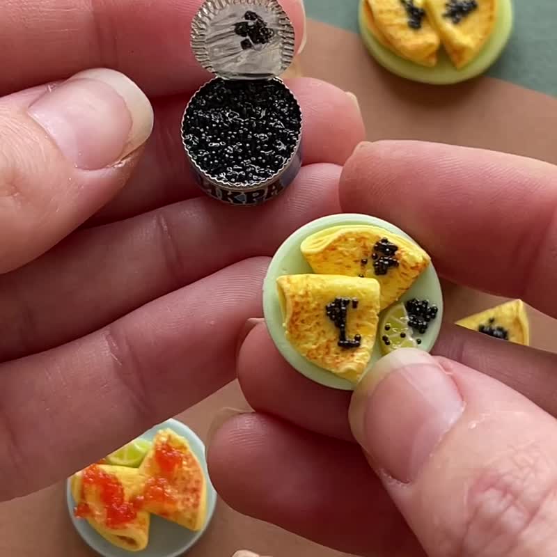 Miniature set of pancakes with caviar, scale 1:12 - Stuffed Dolls & Figurines - Other Materials Multicolor