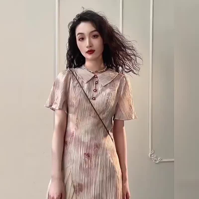 國風粉色優雅水墨印花拼接設計長款連衣裙 改良旗袍洋裝 - 洋裝/連身裙 - 其他材質 粉紅色