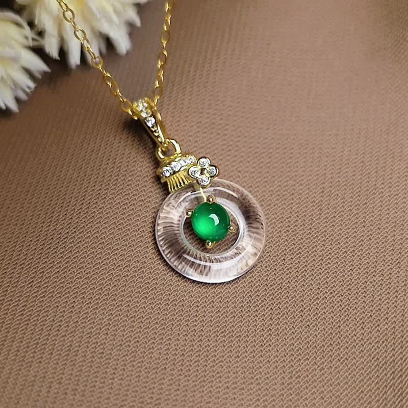 財富•健康•淨化|貴氣放光高冰陽綠|A貨翡翠純銀水晶吊墜項鍊 - 項鍊 - 玉石 