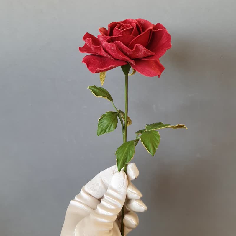 紅色皮革玫瑰長莖 Red leather rose long stem 3th anniversary gift for her, 3rd weddind - Wall Décor - Genuine Leather Red