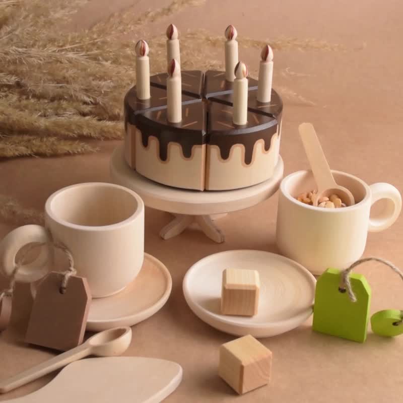 Wooden Tea Set with Cake with Candles for Wooden Play Kitchen Toy for Toddler - ของเล่นเด็ก - ไม้ สีนำ้ตาล