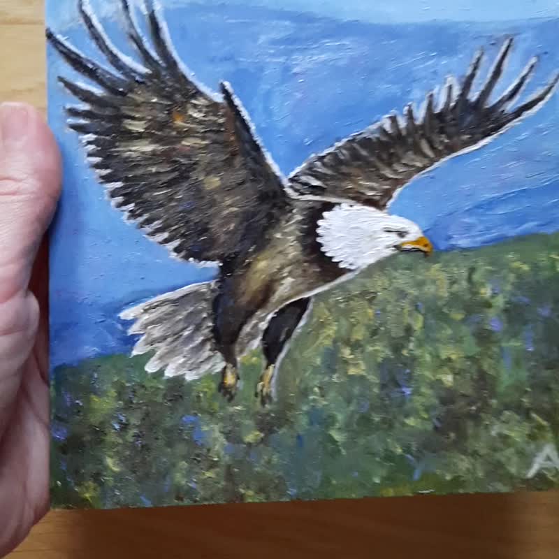 ハクトウワシ オリジナル油絵、サイン入りミニチュアバードアート - ウォールデコ・壁紙 - 木製 