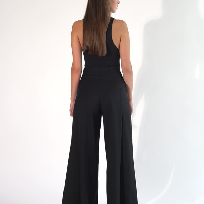 Black Wide leg Palazzo Pants - 女長褲 - 羊毛 黑色