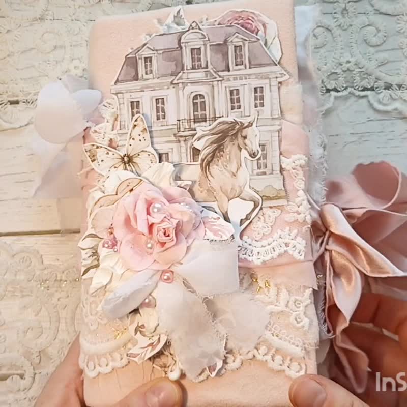 Cottage Horse junk journal handmade Lace rose notebook woman dairy - สมุดบันทึก/สมุดปฏิทิน - กระดาษ สึชมพู