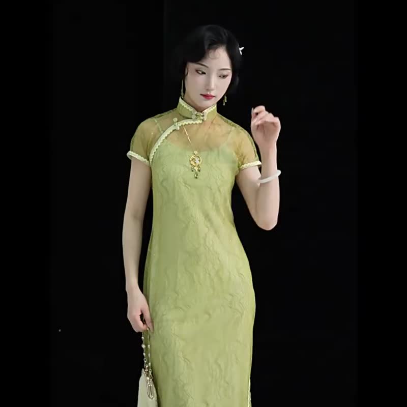 夏季新款燙鑽蕾絲織帶改良綠色宴會長旗袍日常復古民國風 - 旗袍/改良式旗袍 - 其他材質 綠色