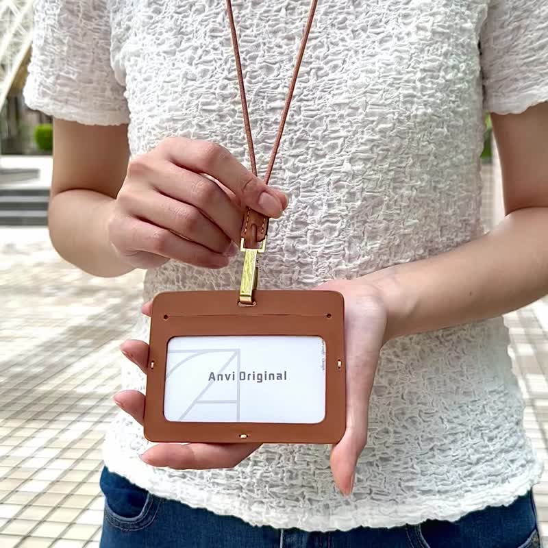 Horizontal genuine leather ID holder/identification card with neck strap can be customized with hot stamping/embossing - ที่ใส่บัตรคล้องคอ - หนังแท้ 