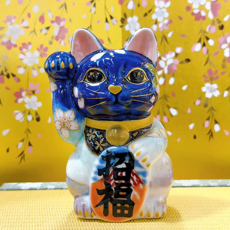 【瑠富綻櫻】日本清水燒招財貓 | 瑠璃 - 富士櫻 - 擺飾/家飾品 - 瓷 藍色