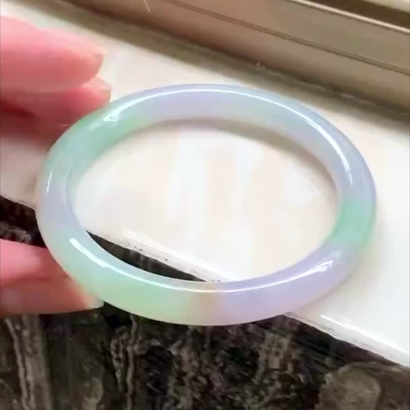 冰種翡翠天然翡翠玉鐲A玉手鐲 玉鈪 • 冰種三彩翡翠圓鐲 - 手鍊/手環 - 玉石 粉紅色
