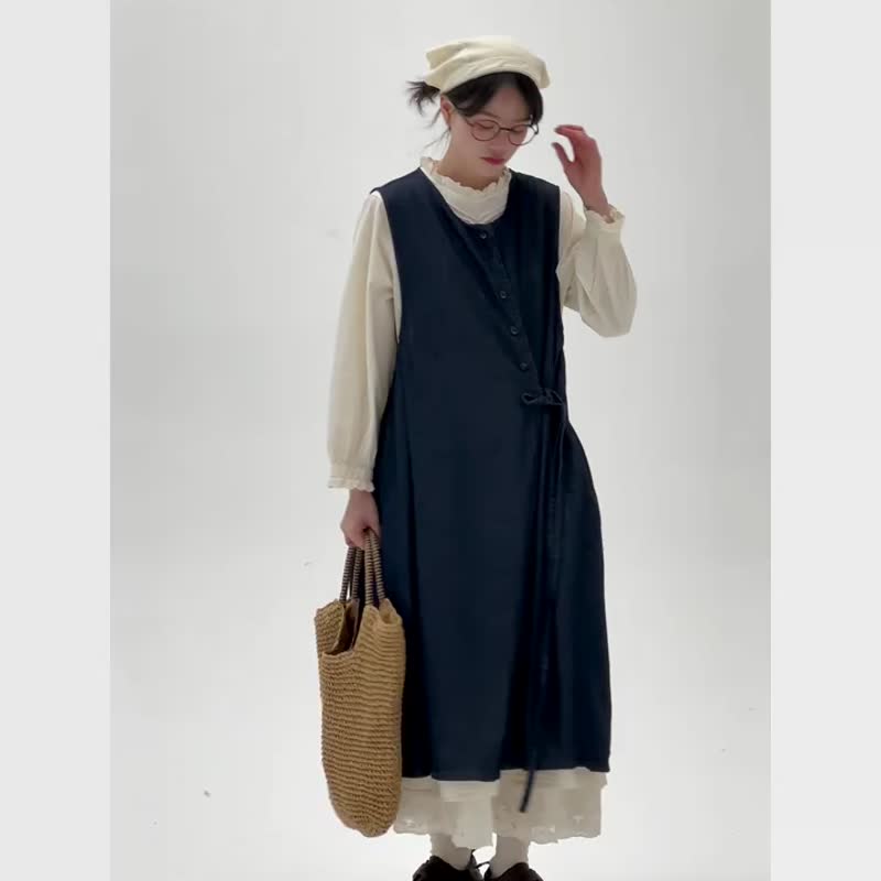Dark Blue Japanese Magazine Style Denim Dress: Designed with a flattering tie detail, this versatile denim pinafore dress is perfect for layering, featuring a sleeveless long silhouette. - One Piece Dresses - Cotton & Hemp Blue