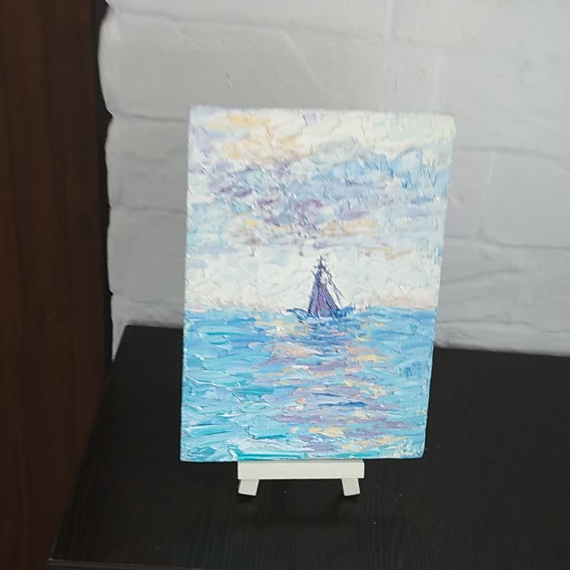 Oil Painting Sailboat Wall Art Sky Seascape Original Art Boats Waves Morning Cal - 海報/掛畫/掛布 - 其他材質 藍色