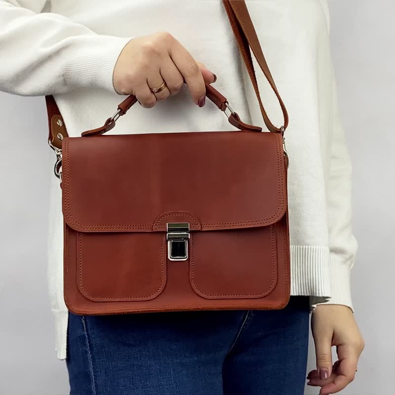 Women's Leather Doctor Bag on Shoulder Strap / Brown Documents Mini Laptop  Bag - กระเป๋าเอกสาร - หนังแท้ สีนำ้ตาล