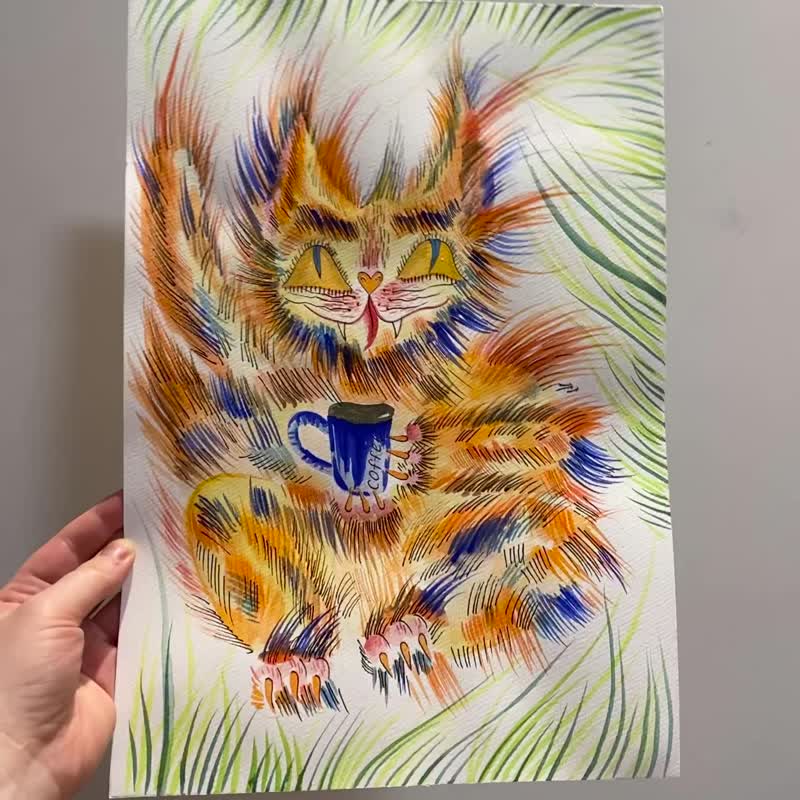 猫の絵。オリジナルの絵。オリジナルの水彩画。赤い猫。コーヒーアート - ポスター・絵 - 紙 オレンジ