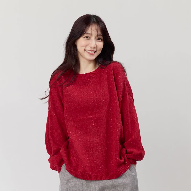 Melissa Color Dots Round Neck Loose Knit Sweater / Red - สเวตเตอร์ผู้หญิง - ผ้าฝ้าย/ผ้าลินิน สีแดง