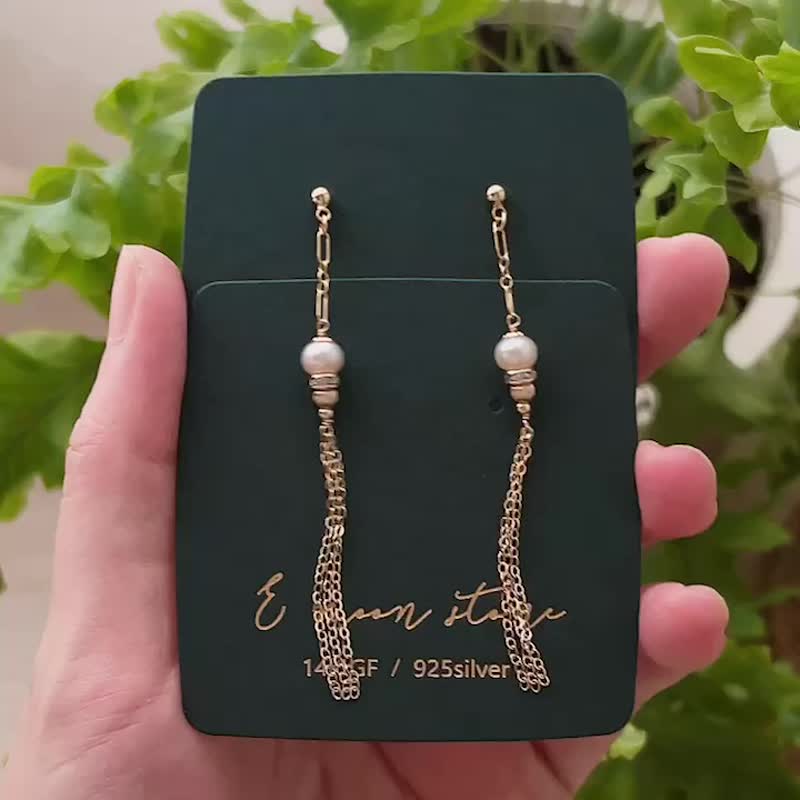 瀑布流蘇 天然珍珠長鏈耳環 14K - 耳環/耳夾/耳骨夾 - 珍珠 金色