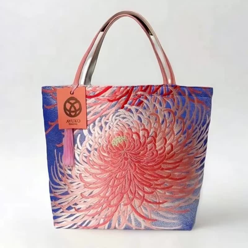 獨一無二真絲和服袋帶托特包, 日本手工刺繡升級改造包, 和風藝術 - 手提包/手提袋 - 絲．絹 粉紅色